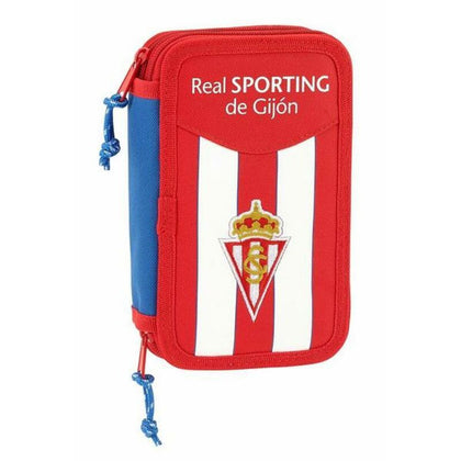 Dubbelt pennfodral Real Sporting de Gijón Vit Röd Sportig 28 Delar 12.5 x 19.5 x 4 cm