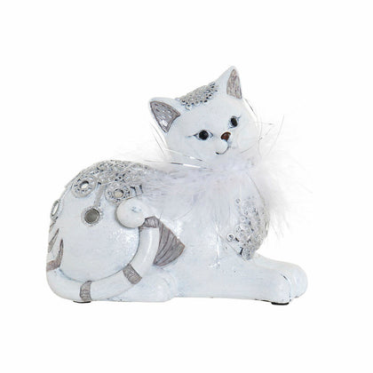 Prydnadsfigur DKD Home Decor Vit Silvrig Harts Katt Romantisk 15 x 7,5 x 14 cm