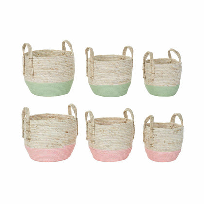 Korg - set DKD Home Decor Naturell Rosa Grön Naturliga fibrer 30 x 30 x 32 cm Boho (2 antal)